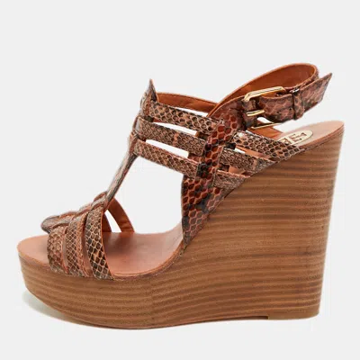 Pre-owned Tory Burch Size 37 Brown Python Leather Wedge Sandals