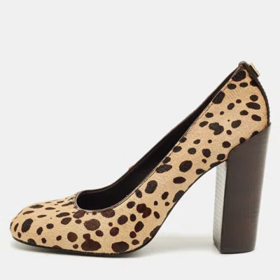 Pre-owned Tory Burch Size 37 Brown/beige Leopard Print Calf Hair Block Heel Pumps