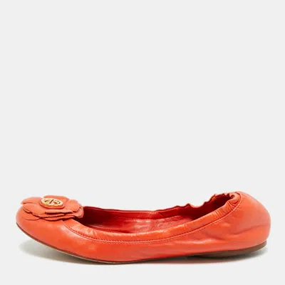 Pre-owned Tory Burch Size 37 Orange Leather Scrunch Ballet Flats