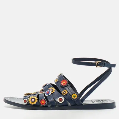 Pre-owned Tory Burch Size 37.5 Blue Leather Floral Appliquéd Ankle Wrap Flat Sandals