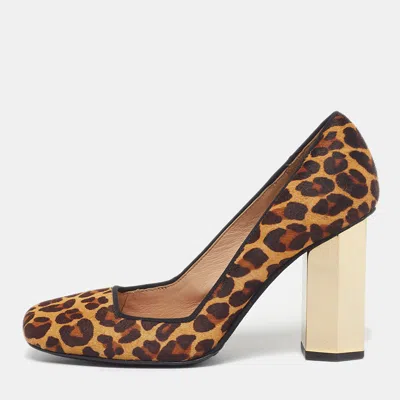 Pre-owned Tory Burch Size 37.5 Brown Calf Hair Block Heel Pumps