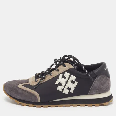 Pre-owned Tory Burch Size 37.5 Tricolor Neoprene And Suede Lace Up Sneakers In Black