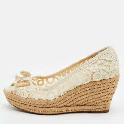 Pre-owned Tory Burch Size 37.5 White Lace Espadrille Platform Wedge Pumps