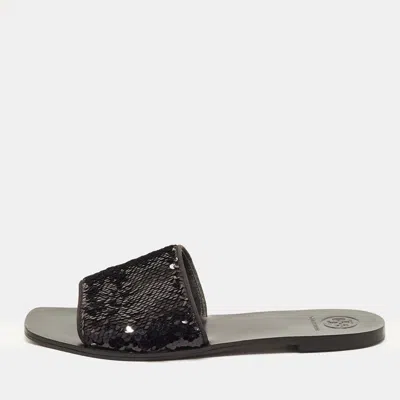 Pre-owned Tory Burch Size 38 Black Sequins Flat Slide