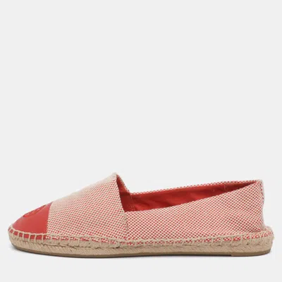Pre-owned Tory Burch Size 38 Red/white Canvas And Leather Espadrille Flats