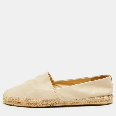 Pre-owned Tory Burch Size 38.5 Beige Canvas And Leather Espadrille Loafers