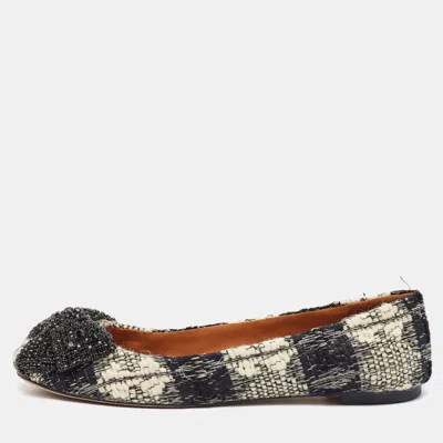 Pre-owned Tory Burch Size 38.5 Black/white Tweed Crystal Bow Ballet Flats