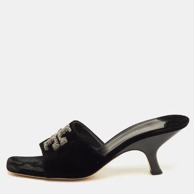 Pre-owned Tory Burch Size 39 Black Crystal Embellished Velvet Mules