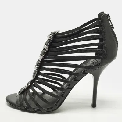 Pre-owned Tory Burch Size 39.5 Black Leather Strappy Caged Sandals