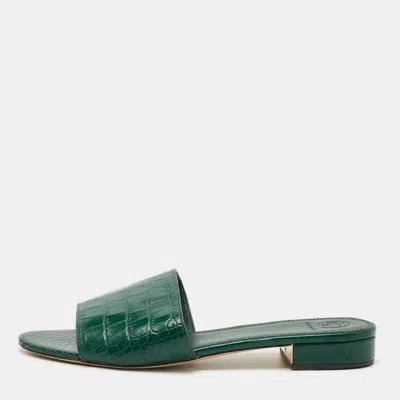 Pre-owned Tory Burch Size 40 Green Croc Embossed Leather Flat Slides