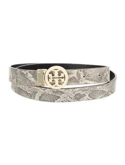 Pre-owned Tory Burch Skinny Embossed Leather Waist Belt In Black