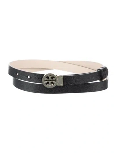 Pre-owned Tory Burch Skinny Saffiano Leather Belt In Black