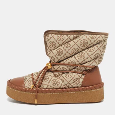 Pre-owned Tory Burch Sleeping Bag Size 41 Beige/brown T Monogram Jacquard And Leather Snow Boots In Sand