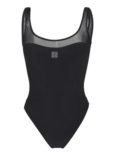 TORY BURCH TORY BURCH SLEEVELESS BLACK SWIMSUIT WITH TRANSLUCENT MESH INSERTS