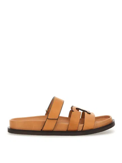 Tory Burch Ines Brown Sandals With Strap And Logo Band In Leather Woman