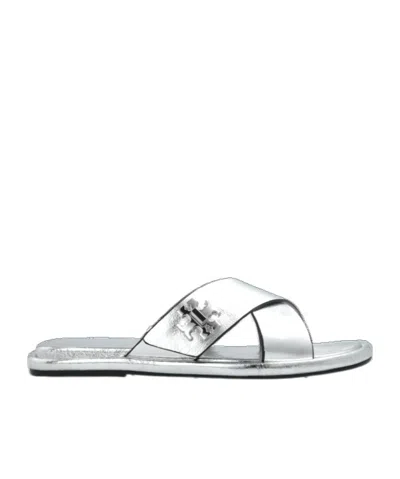 Tory Burch Logo-plaque Sandals In Silver