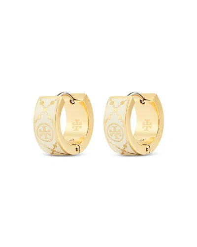 TORY BURCH SMALL DOUBLE T MONOGRAM HOOP EARRINGS IN GOLD TONE STAINLESS STEEL