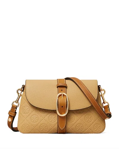 Tory Burch Small Double T Monogram Pebbled Leather Shoulder Bag In Nude