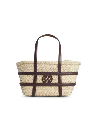 Tory Burch Small Ella Shopping Bag In Straw Classic Leather Color In Brown