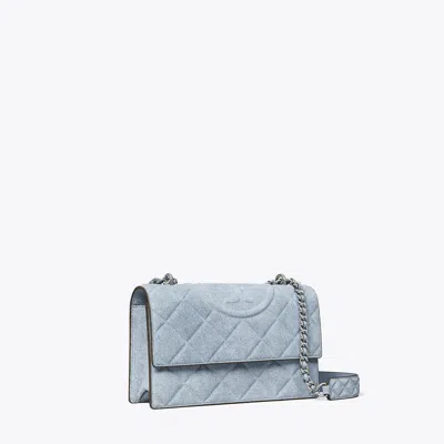 Tory Burch Small Fleming Denim-print Suede Shoulder Bag In Blue