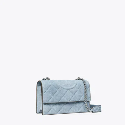 Tory Burch Small Fleming Denim-print Suede Shoulder Bag In Medium Wash Denim