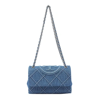 Tory Burch Small Fleming Logo Embossed Denim Shoulder Bag In Blue