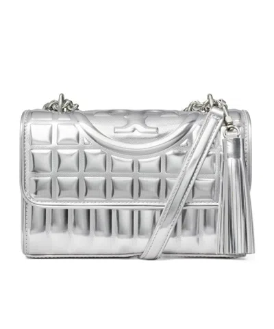 Tory Burch Small Fleming Metallic Shoulder Bag In Gray
