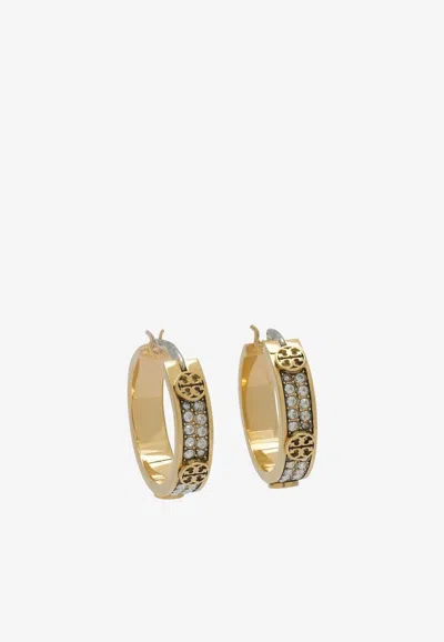 TORY BURCH SMALL ICON CRYSTAL PAVED HOOP EARRINGS