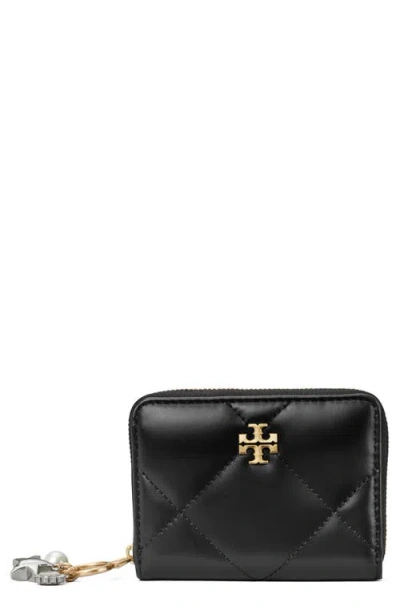 Tory Burch Small Kira Charm Diamond Quilt Zip-around Wallet In Black