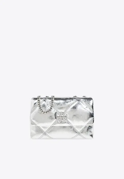 Tory Burch Small Kira Diamond Quilt Metallic Shoulder Bag In Silver