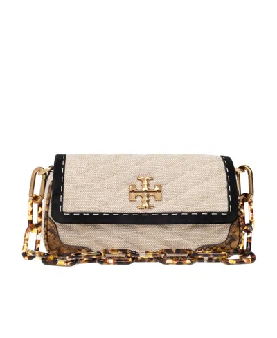 Tory Burch Small Kira Mixed-media Shoulder Bag In Nude