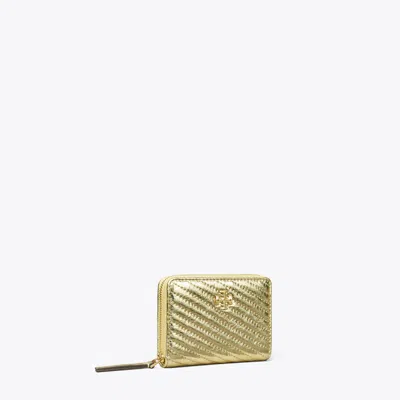Tory Burch Small Kira Moto Quilt Metallic Zip-around Wallet In Gold