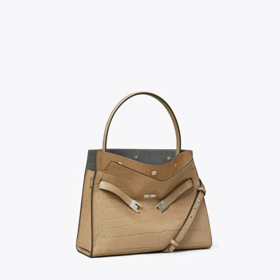 Tory Burch Lee Radziwill Small Embossed Leather Double Bag In Brown