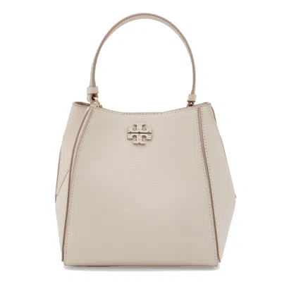 Tory Burch Small Mcgraw Logo Plaque Bucket Bag In Beige
