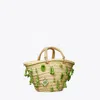 Tory Burch Small Raffia Embroidered Tote In Wild Leaves