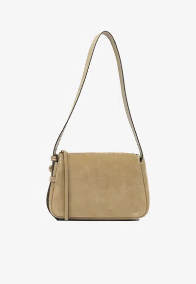 Tory Burch Small Romy Pick Stitch Suede Shoulder Bag In Neutral