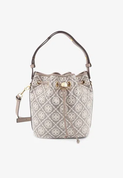 Tory Burch Small T Monogram Coated Canvas Bucket Bag In Taupe