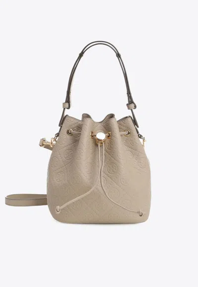Tory Burch Small T-monogram Pebble Bucket Bag In Brown