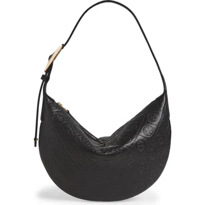 Tory Burch Small T Monogram Pebble Leather Balloon Bag In Black
