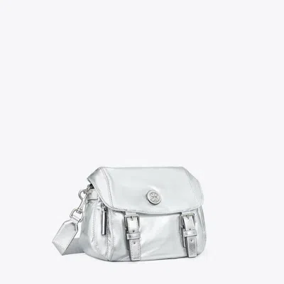 Tory Burch Small Virginia Metallic Messenger In Silver