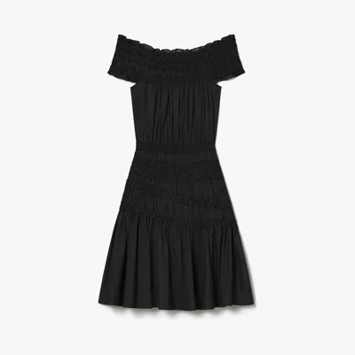 Tory Burch Smocked Cotton Dress In Black