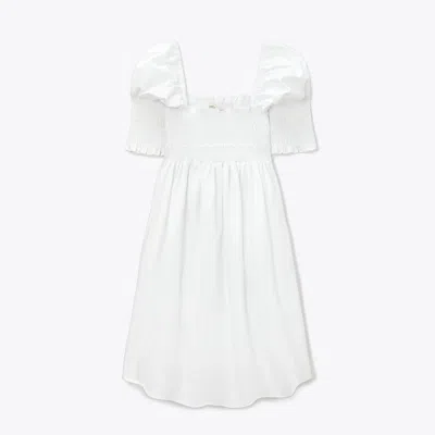 Tory Burch Smocked Cotton Mini Dress In White