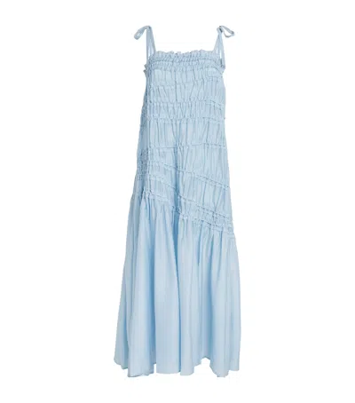 Tory Burch Tie-detailed Smocked Lyocell-blend Midi Dress In Light Blue