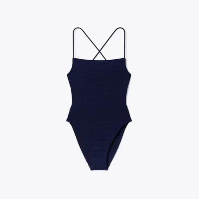 Tory Burch Smocked Swimsuit In Blue