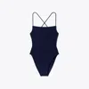 Tory Burch Smocked Swimsuit In Medium Navy