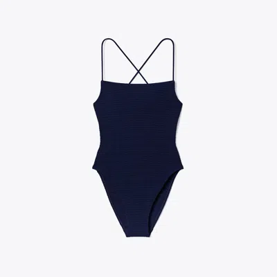 Tory Burch Smocked Swimsuit In Medium Navy