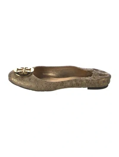 Pre-owned Tory Burch Snakeskin Animal Print Ballet Flats In Gold