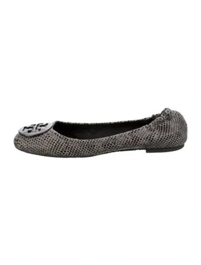 Pre-owned Tory Burch Snakeskin Animal Print Ballet Flats In Gray