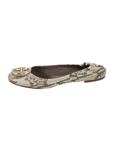 Pre-owned Tory Burch Snakeskin Animal Print Ballet Flats In Neutral