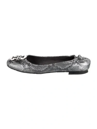 Pre-owned Tory Burch Snakeskin Animal Print Ballet Flats In Silver